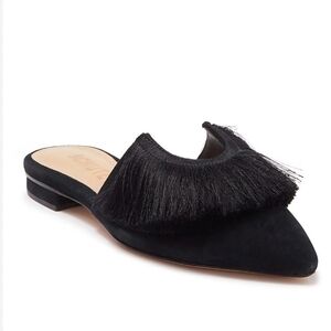 SCHUTZ Brenle Black Suede Fringe Mule Flats Shoes Size 6.5